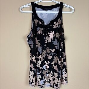 White House Black Market Black/Gray/Tan Floral V-Neckline Lace Up Tank Top